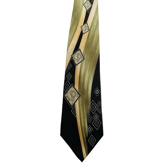 Stacy Adams Geometric Square Pattern Black, Gold & Olive Silk Mens Tie 3.75"x59" - Picture 1 of 7